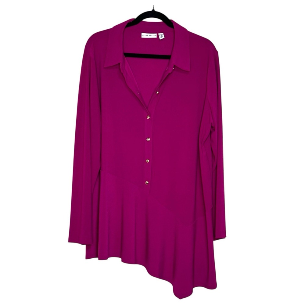 Susan‎ Graver Women 1X Dark Pink Liquid Knit Long Sleeve Tunic Top Assymetrical